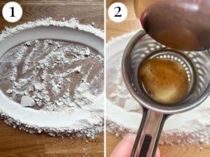 Two photos in a collage showing how to add flour and potatoes together to make gnocchi.