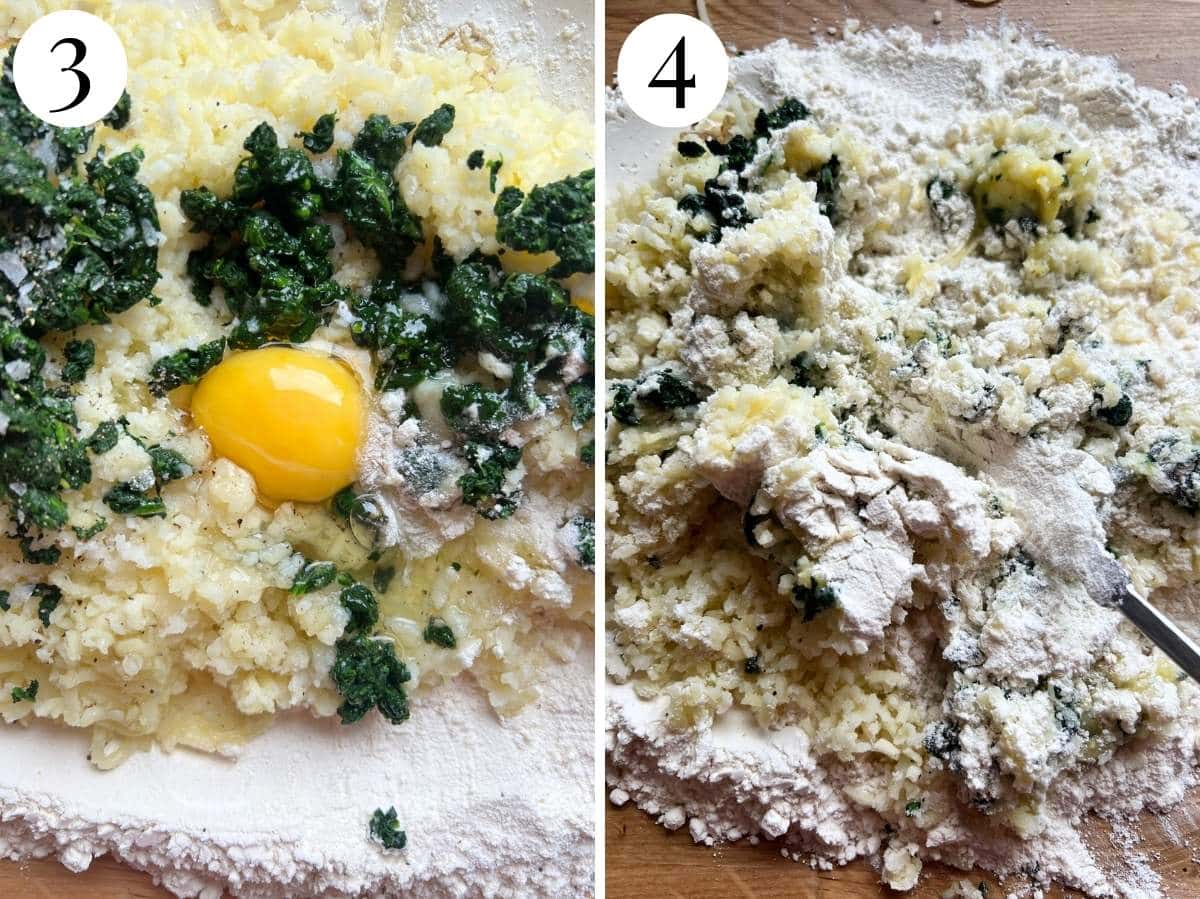 Two photos in a collage showing how to make spinach and potato gnocchi dough.