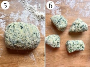 Two photos in a collage showing how to divide the gnocchi dough.