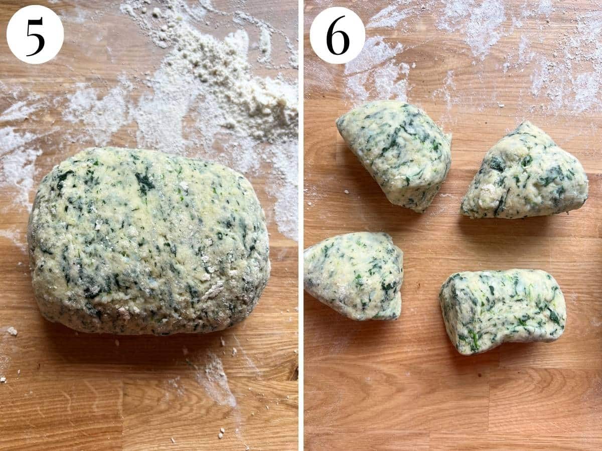 Two photos in a collage showing how to divide the gnocchi dough.