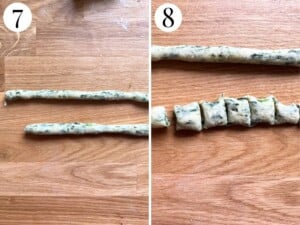 Two photos in a collage showing how to roll gnocchi dough into thin logs and cut into gnocchette.