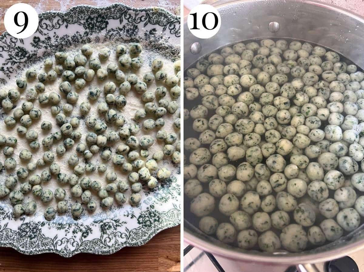 Two photos in a collage showing before and after cooking the mini gnocchi.