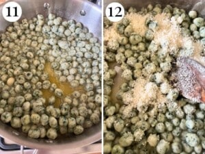 Two photos in a collage showing how to make a parmigiano and butter sauce for gnocchi.