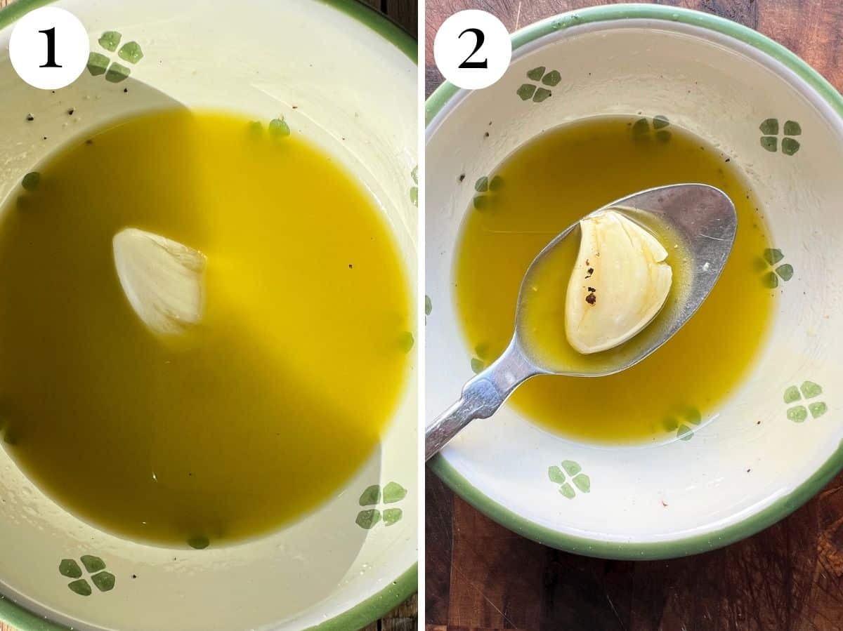 Two photos in a collage showing an emulsified dressing with a whole, crushed garlic clove.