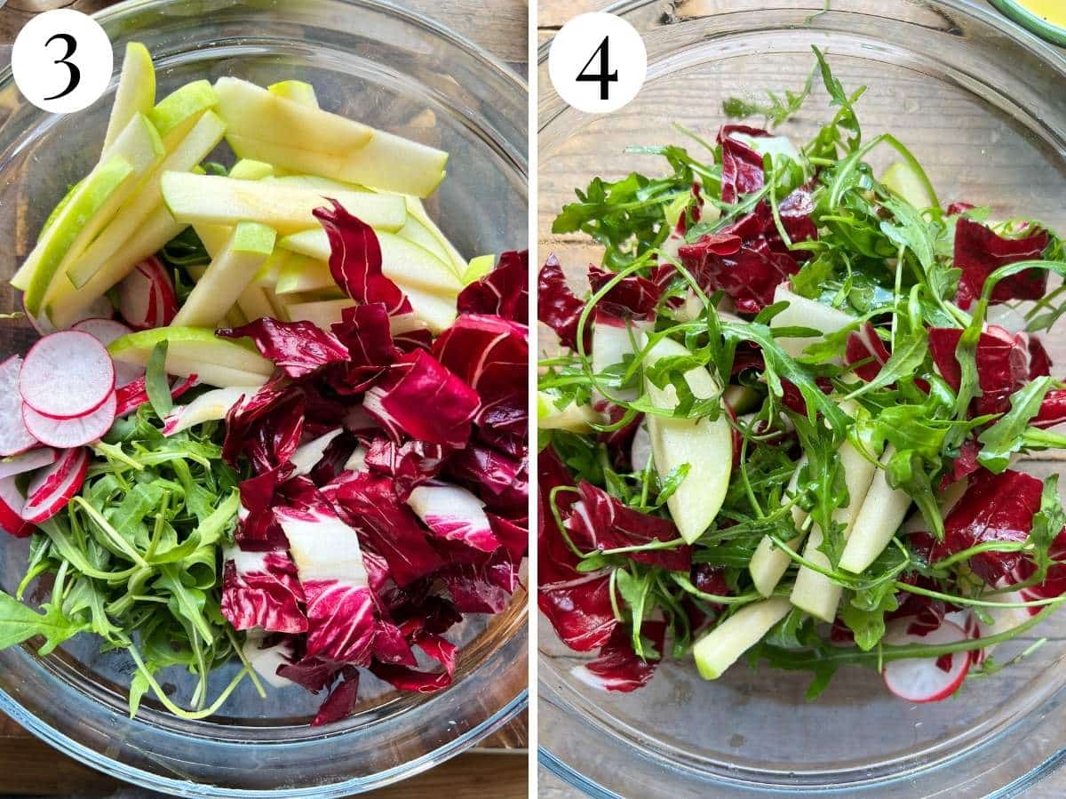 Two photos in a collage showing before and after tossing the bresaola salad.