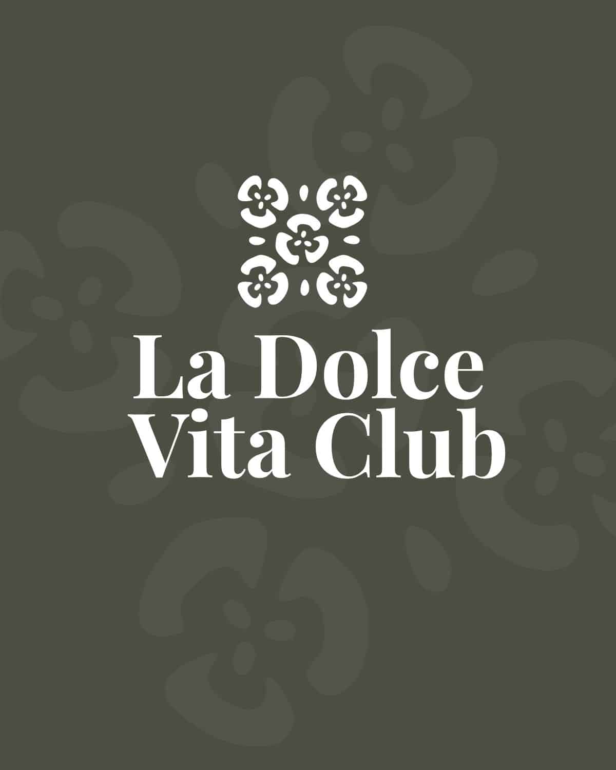 A tile logo with a text overlay that reads; La Dolce Vita Club. The background is dark green.