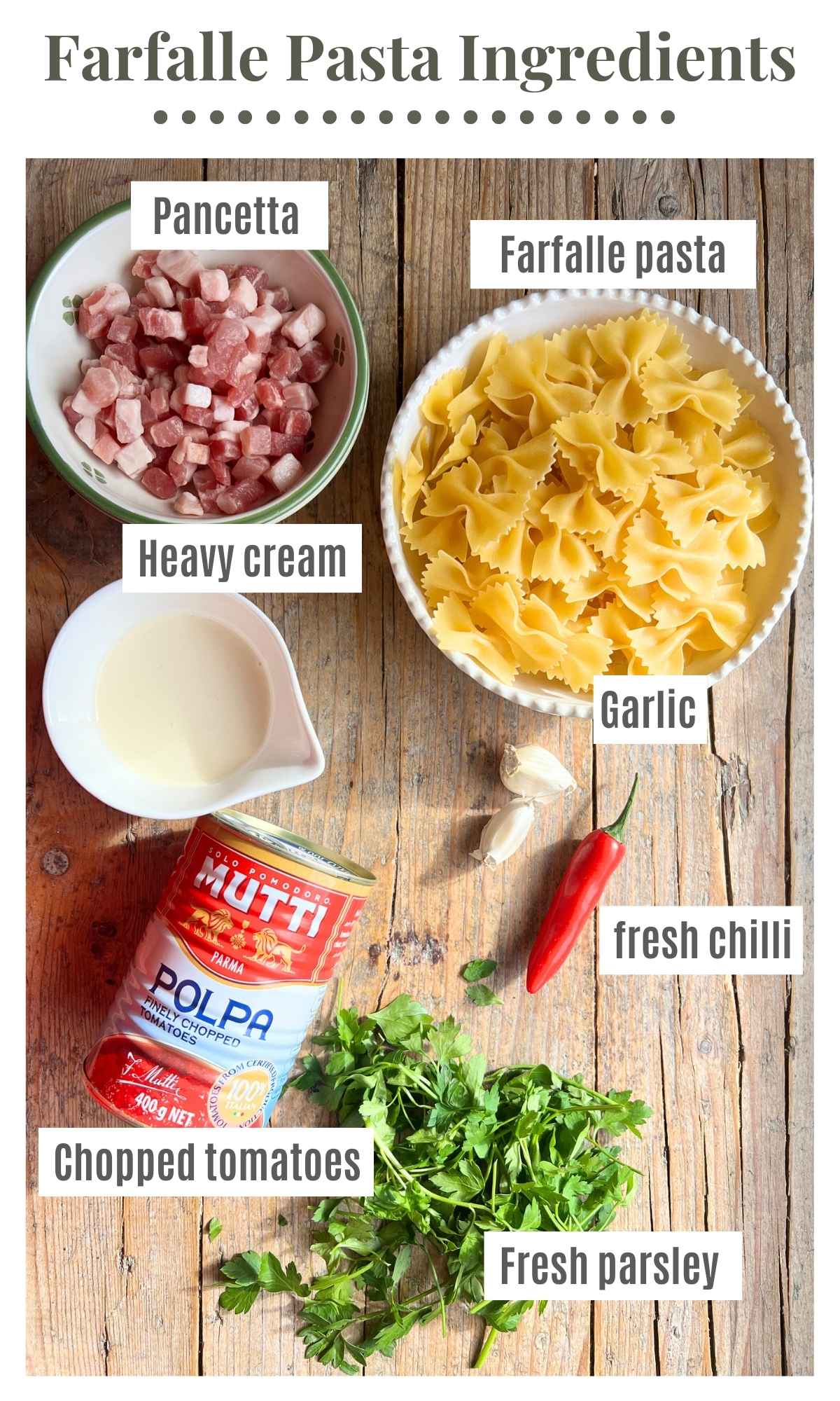 An overhead shot of all the ingredients needed to make farfalle pasta with garlic and chilli. The text overlay reads: pancetta, farfalle pasta, heavy cream, chopped tomatoes, garlic, fresh chilli, fresh parsley.