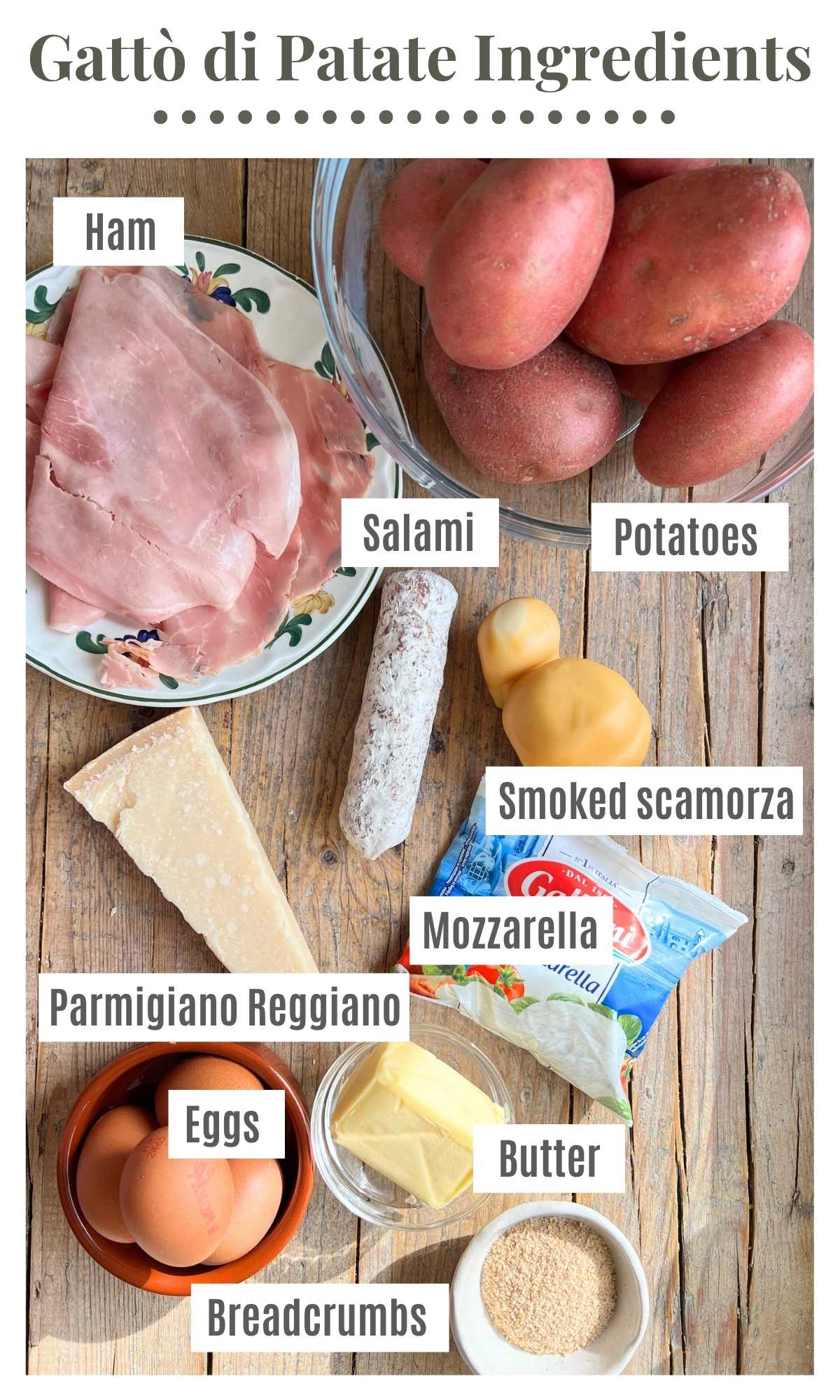 An overhead shot of all the ingredients needed to make Neapolitan Gatto di patate on a rustic wooden surface.