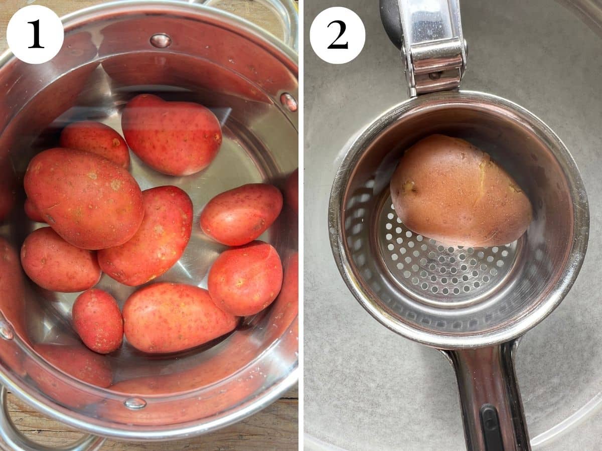Two photos showing boiling potatoes and passing them through a potato ricer.