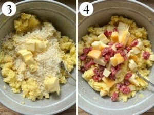 Two photos showing all the meat and cheese getting added to the mashed potatoes.