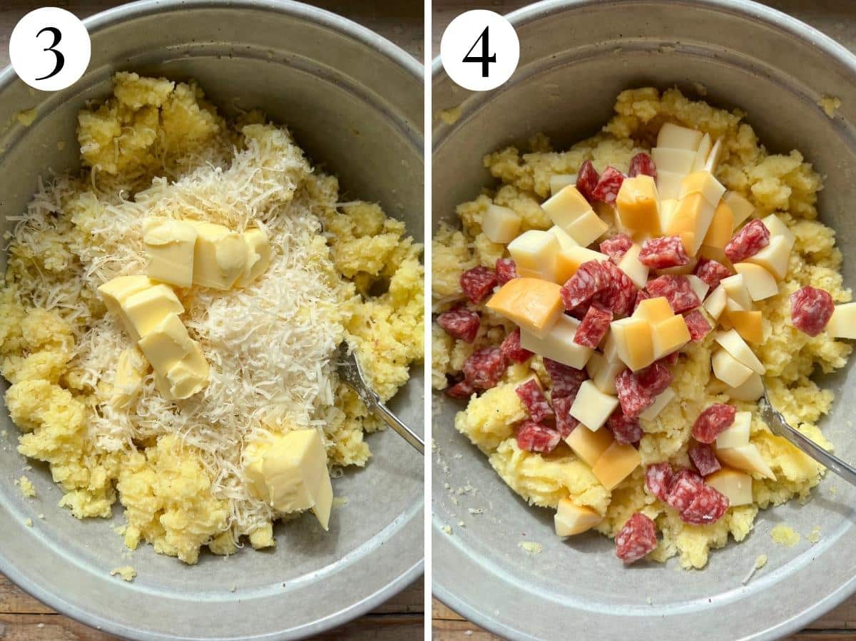 Two photos showing all the meat and cheese getting added to the mashed potatoes.
