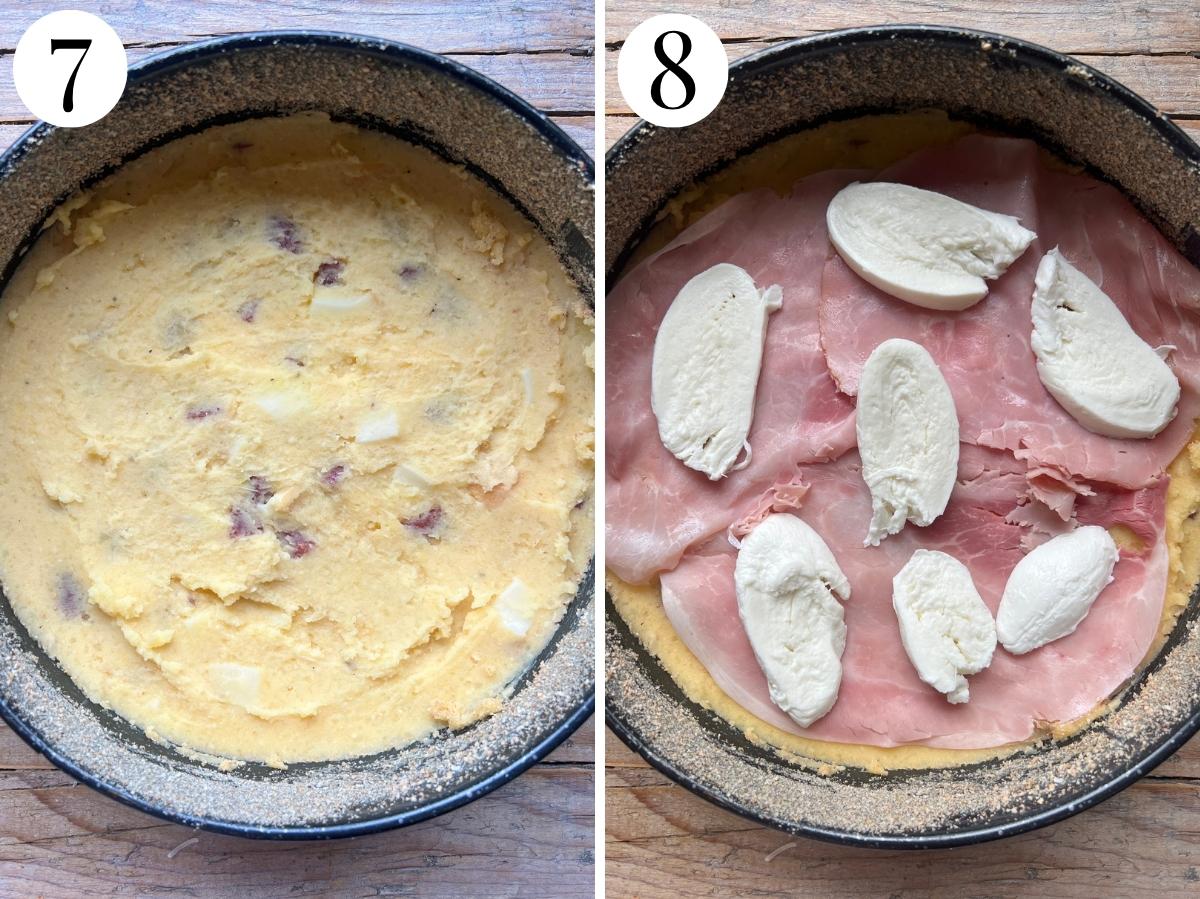 Two photos showing how to layer the potato gateau.