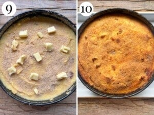 two photos showing the potato gateau before and after cooking.