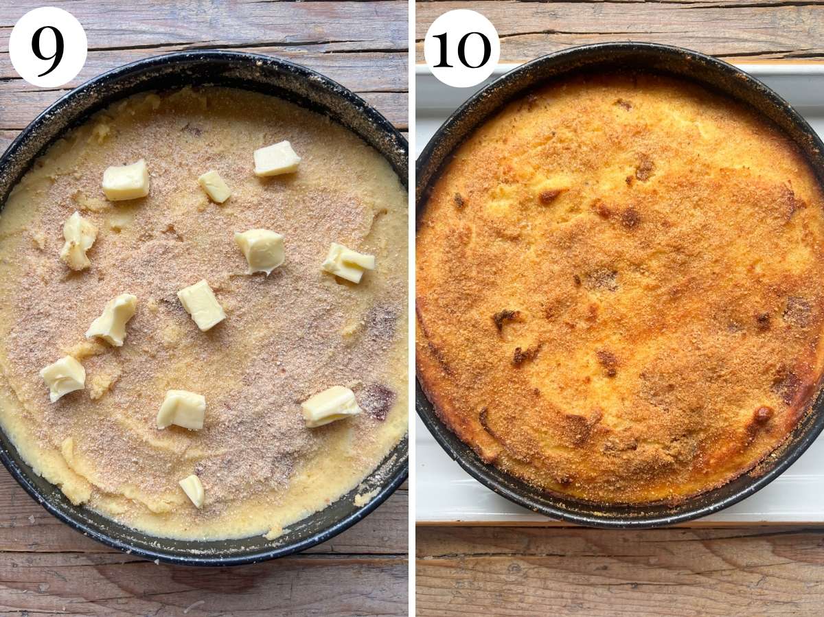 two photos showing the potato gateau before and after cooking.