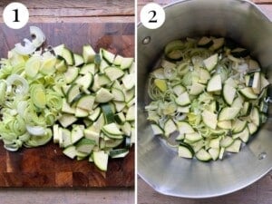 Two photos showing chopped zucchini and leek getting sautéed in a pot.