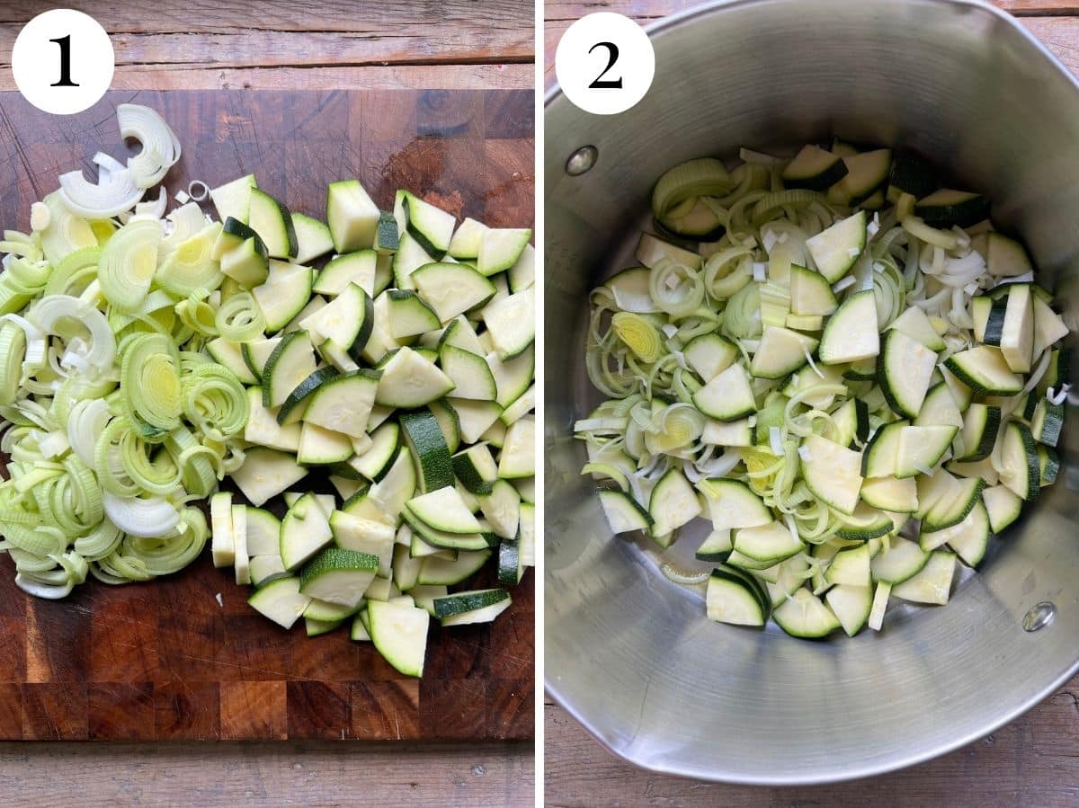 Two photos showing chopped zucchini and leek getting saut&eacute;ed in a pot.