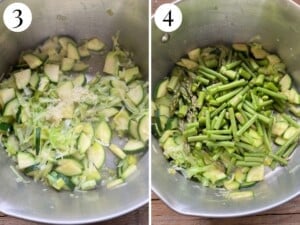 Two photos showing asparagus, garlic and green beans getting added.