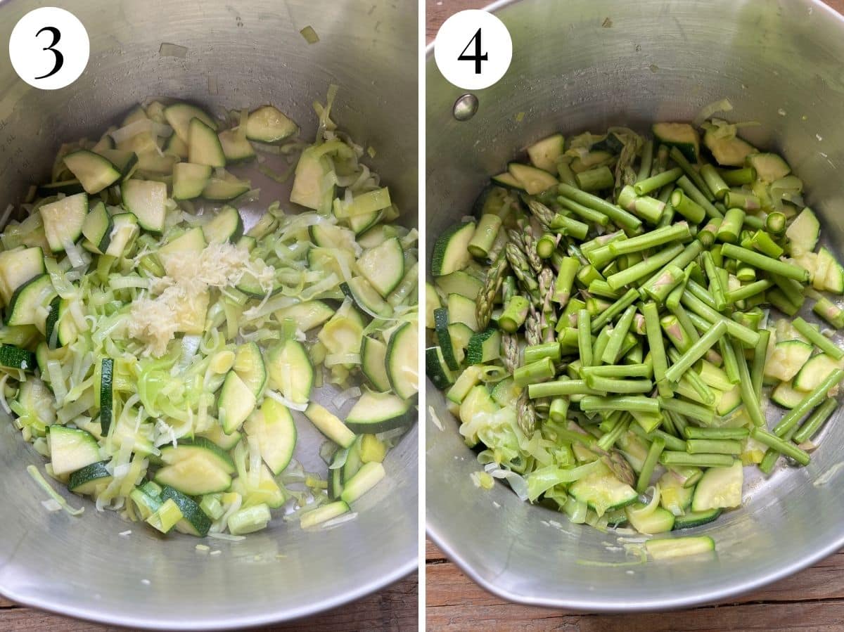 Two photos showing asparagus, garlic and green beans getting added.