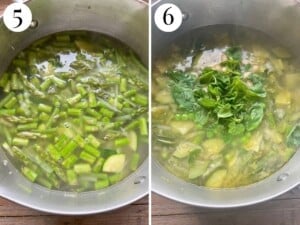 Two photos showing the final stages for making minestrone primavera.