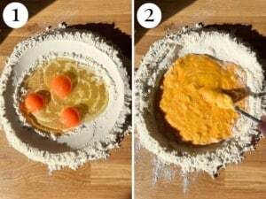 Two photos in a collage showing how to mix eggs and flour together with a fork to make pasta dough.