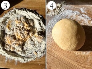 Two photos in a collage showing how to knead pasta dough.
