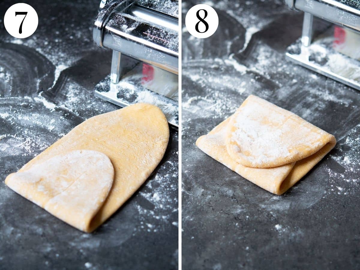 Two photos showing folding pasta dough to pass through a pasta machine.
