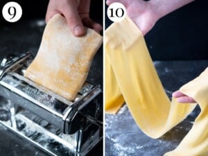 Two photos showing how to roll pasta dough through a pasta machine.