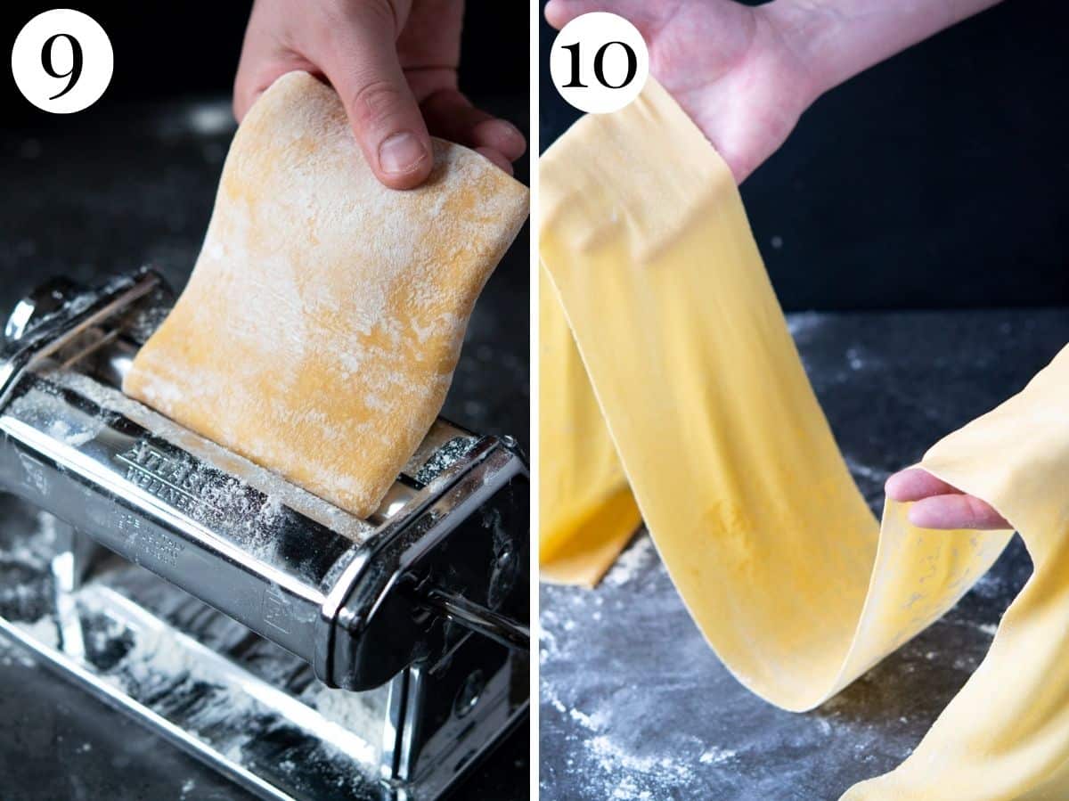 Two photos showing how to roll pasta dough through a pasta machine.