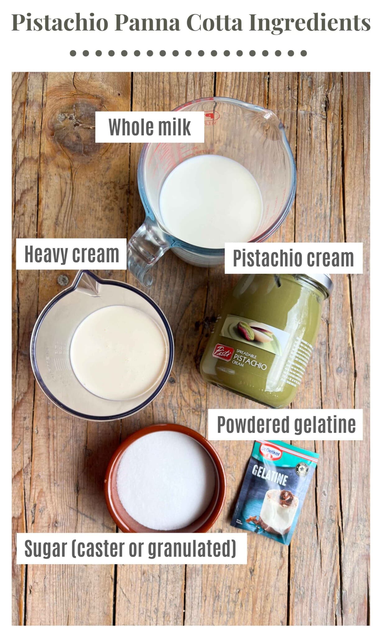 An overhead shot of all the ingredients needed to make pistachio panna cotta. The text labels read: Pistachio cream, heavy cream, whole milk, caster or granulated sugar and powdered gelatine.