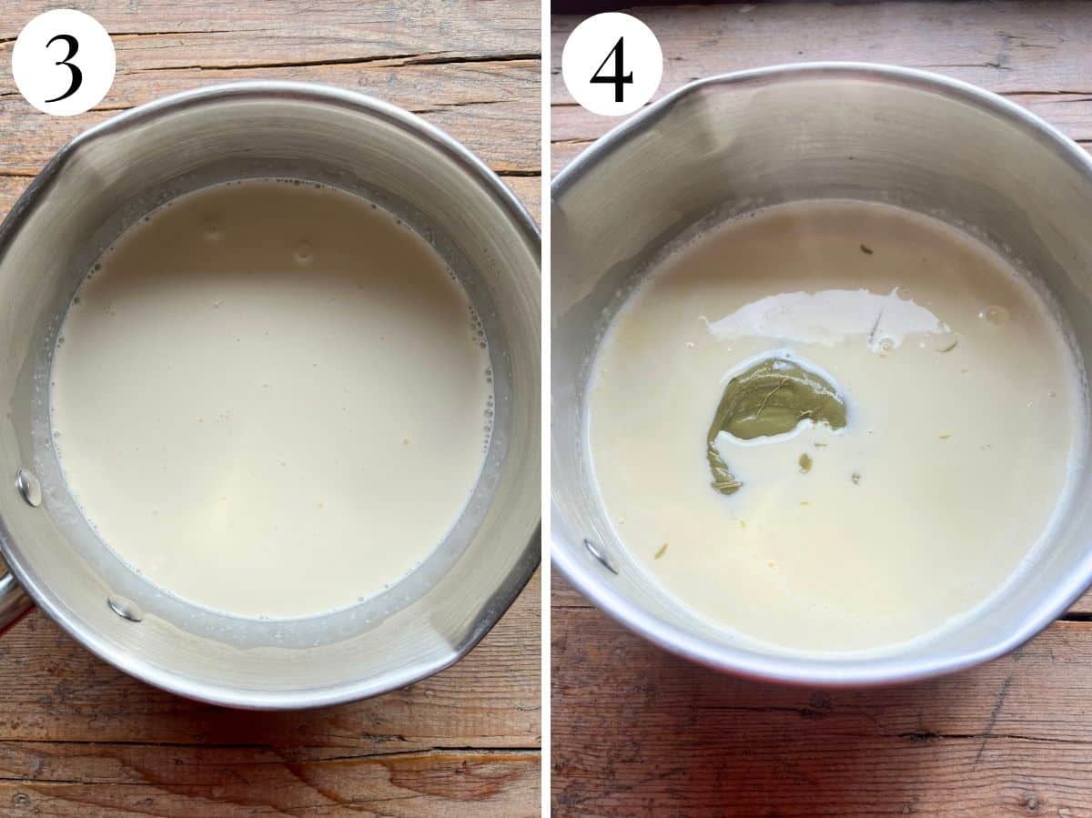 Two photos showing milk, cream and sugar in a saucepan with pistachio cream added.
