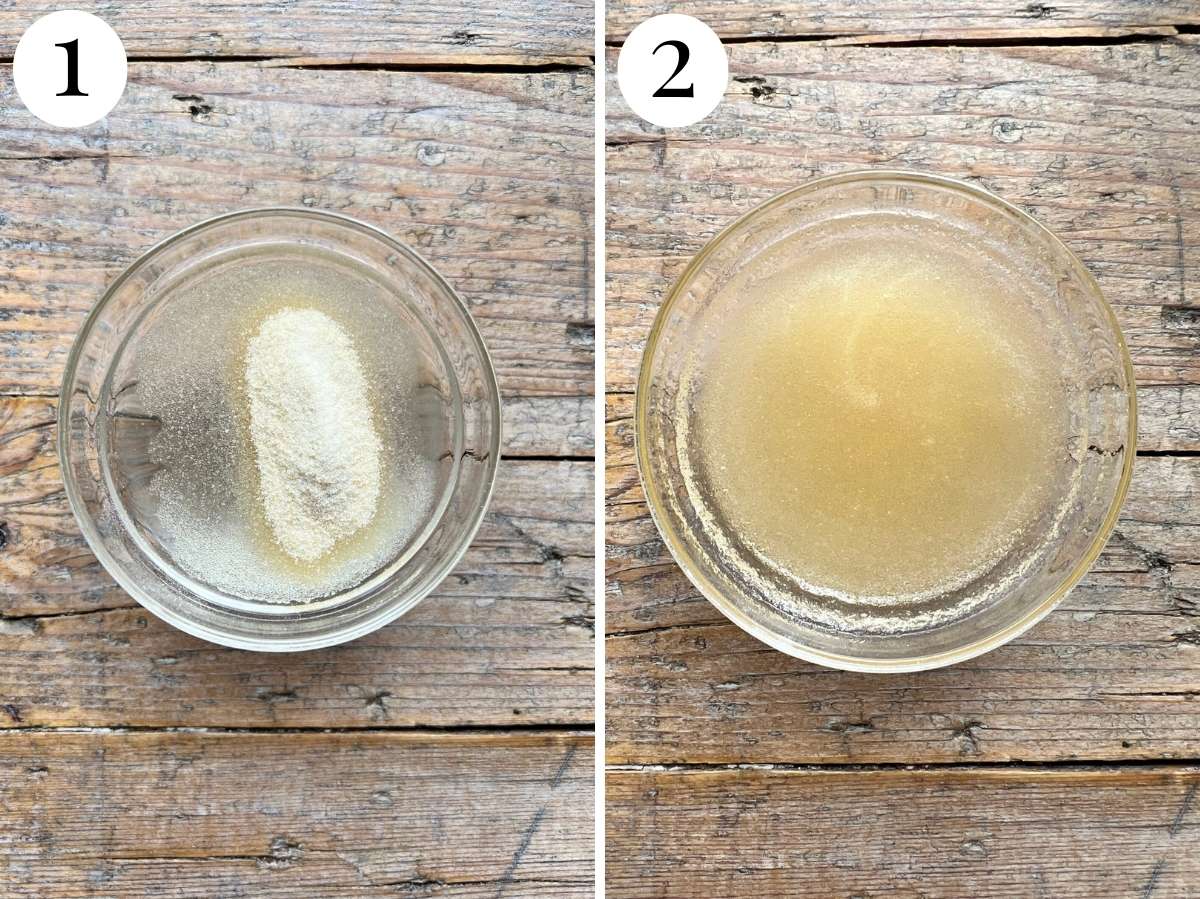 Two photos showing how to bloom gelatine.