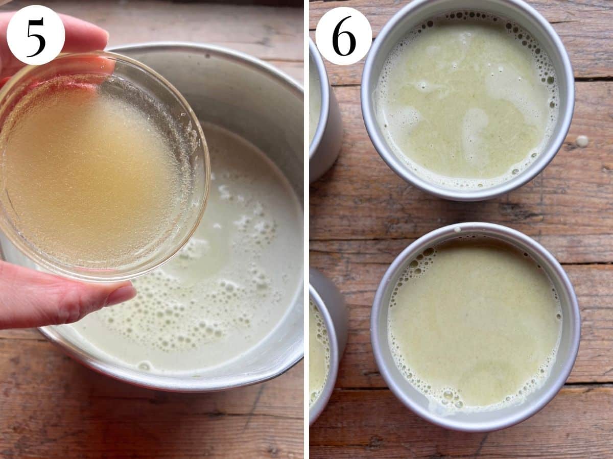 Two photos showing adding gelatine to panna cotta then pouring into moulds.