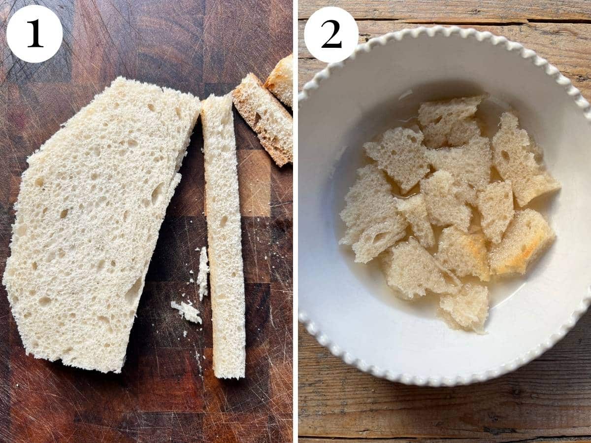 Two photos showing the stale bread getting the crusts removed then being soaked in vinegar.