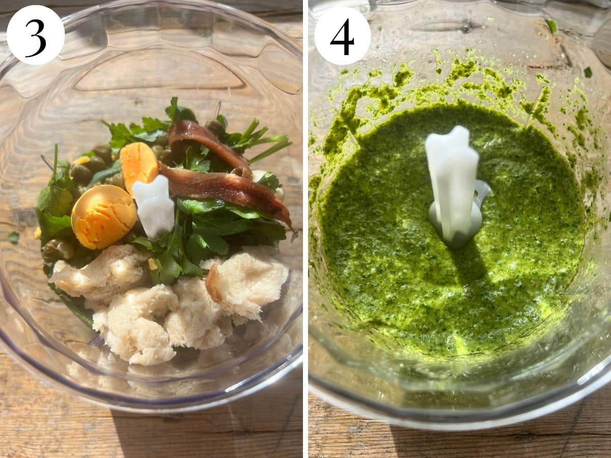 Two photos showing the before and after of blitzing the salsa verde.