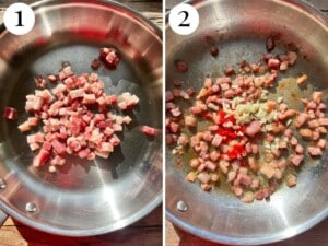 Two photos showing pancetta getting fried in a pan with garlic and chilli.