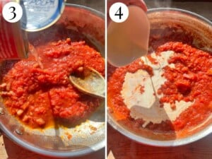Two photos showing adding tomatoes, water and cream to the sauce.