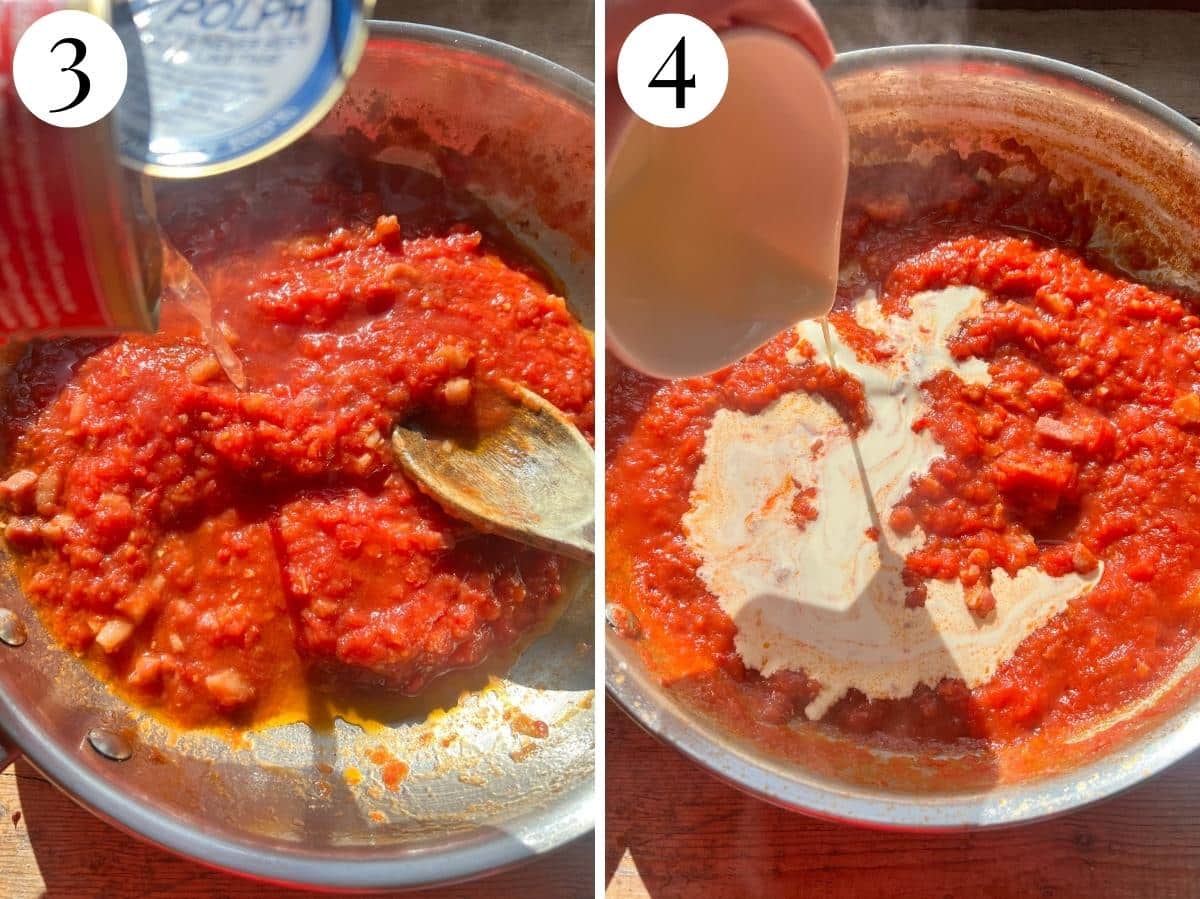 Two photos showing adding tomatoes, water and cream to the sauce.