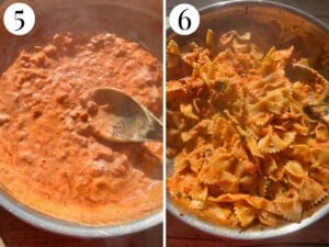 Two photos in a collage showing the sauce at the end of cooking and farfalle pasta being added with parsley and cheese.