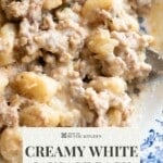 A close up of gnocchi with a creamy white sausage ragu. The text overlay reads: Creamy White Sausage Ragu - Get therecipe.