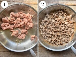Two photos showing before and after browning sausage in a pan.