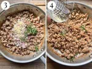 Two photos showing adding garlic, shallots and rosemary then deglazing white wine.