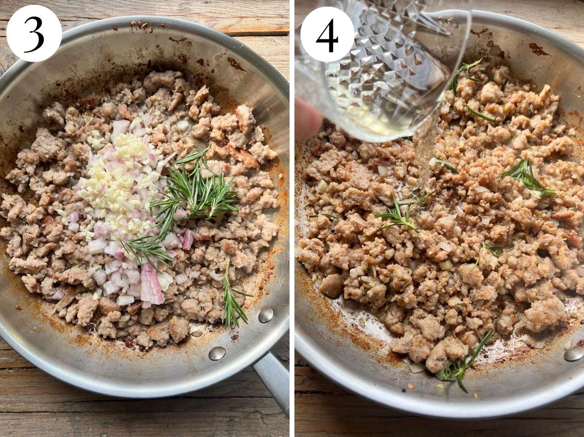 Two photos showing adding garlic, shallots and rosemary then deglazing white wine.