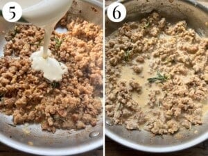 Two photos showing adding creamy to a sausage sauce and the consistency it should be.
