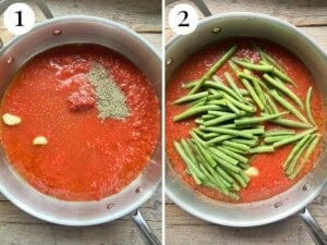Two photos showing how to make a tomato sauce with green beans.