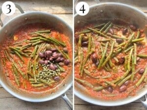 Two photos showing cooked green beans with olives and capers.