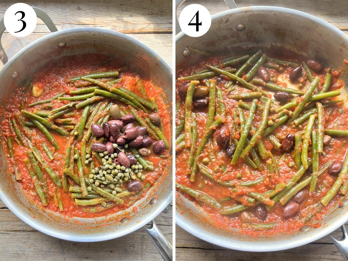 Two photos showing cooked green beans with olives and capers.