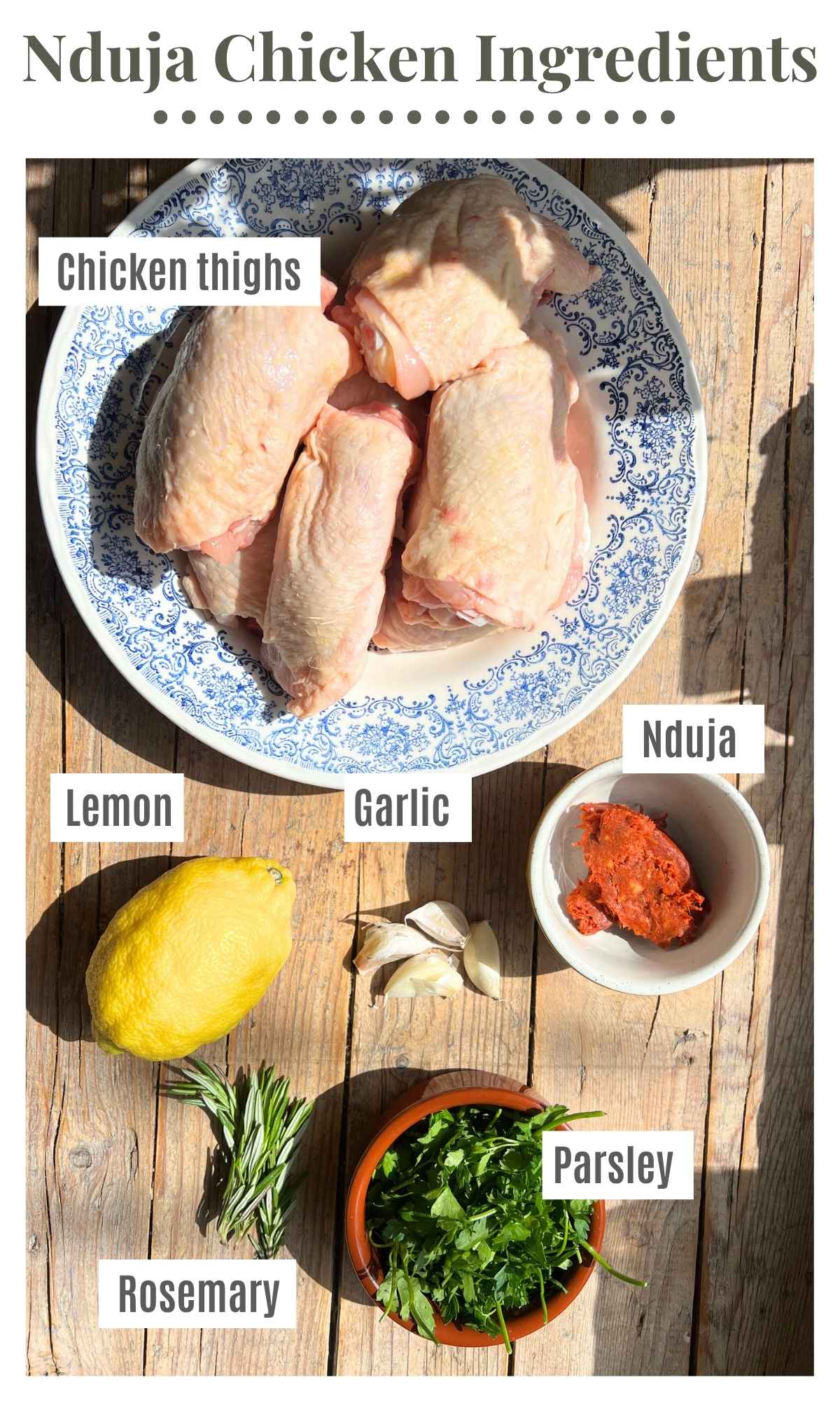 An overhead shot showing all the ingredients needed to make Nduja baked chicken thighs.