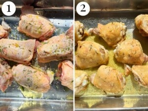 Two photos showing before and after baking chicken thighs.
