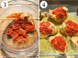 two photos showing Nduja in a bowl and then it spread over chicken.
