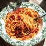 A bowl of tomato pasta with sardines and capers and fork at the side. The bowl is green and white, vintage style with a fork at the side.